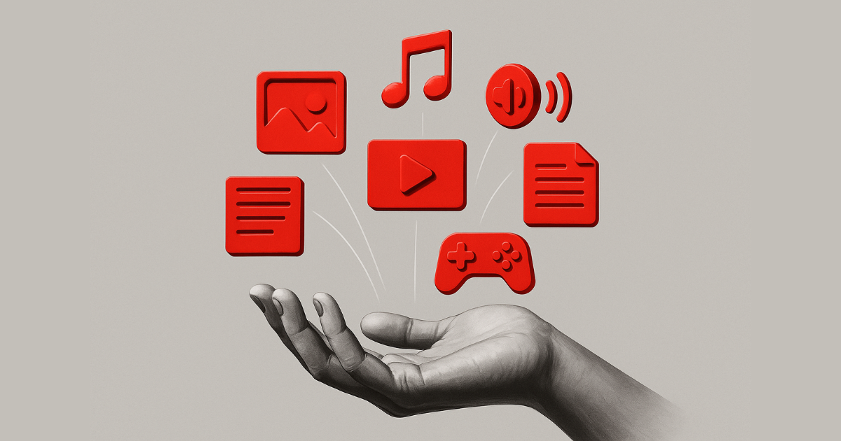 A hand holds a red device featuring various red icons representing different types of media.
