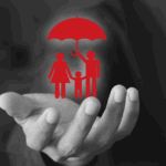 A person with an umbrella is with a family, featuring a red umbrella, illustrating the theme of insurance and protection.