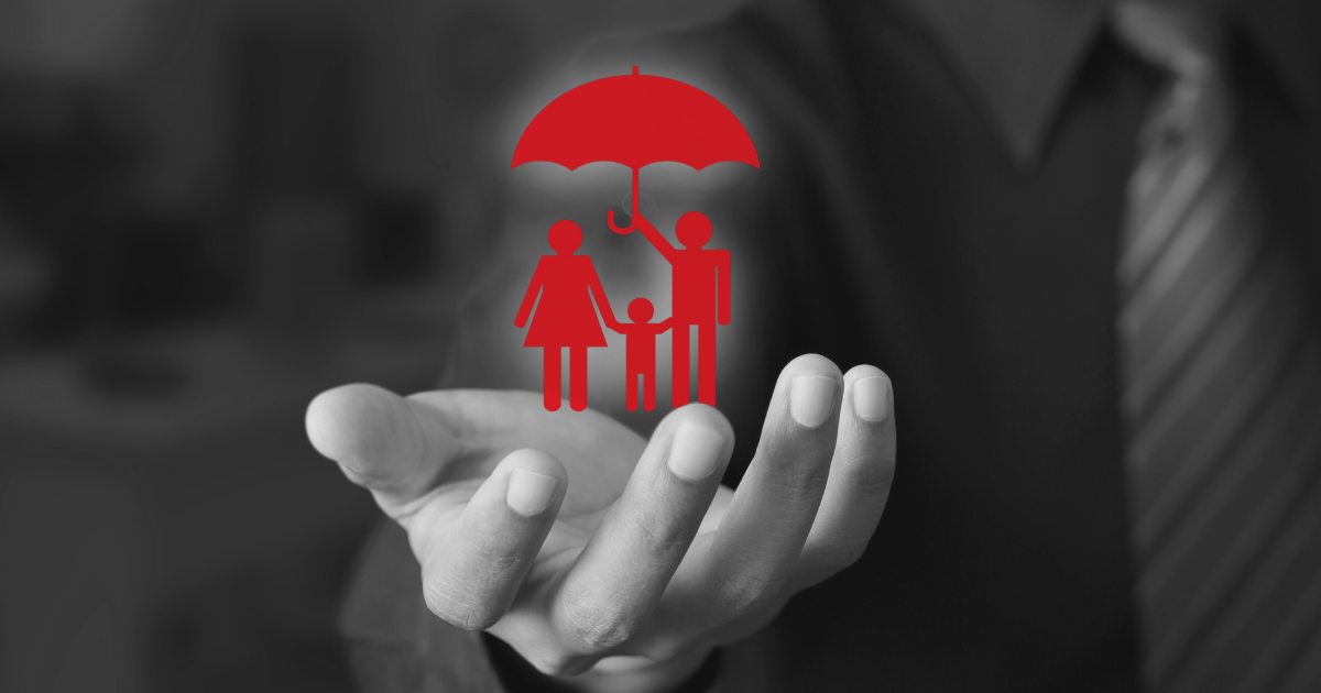 A person with an umbrella is with a family, featuring a red umbrella, illustrating the theme of insurance and protection.