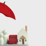 A hand holds an umbrella over a house and a small person, symbolizing home, life, and car insurance.