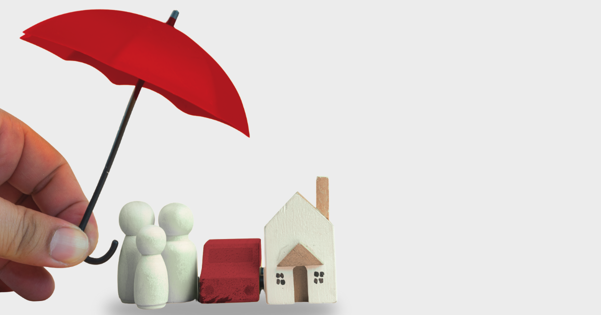 A hand holds an umbrella over a house and a small person, symbolizing home, life, and car insurance.